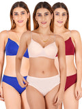 Padded Bra Panty Set With Transparent And Bra Color Strap (Pack Of 3)