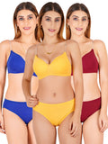 Padded Bra Panty Set With Transparent And Bra Color Strap (Pack Of 3)