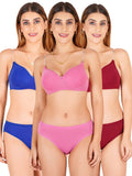 Padded Bra Panty Set With Transparent And Bra Color Strap (Pack Of 3)