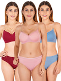 Padded Bra Panty Set With Transparent And Bra Color Strap (Pack Of 3)