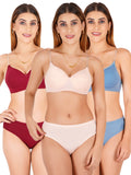 Padded Bra Panty Set With Transparent And Bra Color Strap (Pack Of 3)