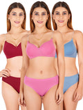 Padded Bra Panty Set With Transparent And Bra Color Strap (Pack Of 3)