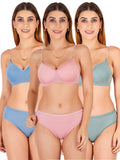 Padded Bra Panty Set With Transparent And Bra Color Strap (Pack Of 3)