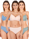 Padded Bra Panty Set With Transparent And Bra Color Strap (Pack Of 3)
