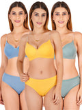 Padded Bra Panty Set With Transparent And Bra Color Strap (Pack Of 3)