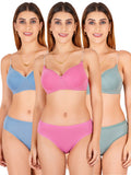 Padded Bra Panty Set With Transparent And Bra Color Strap (Pack Of 3)