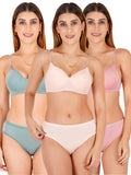Padded Bra Panty Set With Transparent And Bra Color Strap (Pack Of 3)