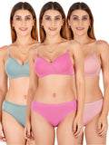 Padded Bra Panty Set With Transparent And Bra Color Strap (Pack Of 3)