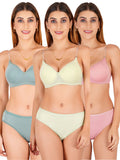 Padded Bra Panty Set With Transparent And Bra Color Strap (Pack Of 3)