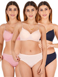 Padded Bra Panty Set With Transparent And Bra Color Strap (Pack Of 3)