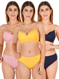 Padded Bra Panty Set With Transparent And Bra Color Strap (Pack Of 3)