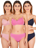 Padded Bra Panty Set With Transparent And Bra Color Strap (Pack Of 3)