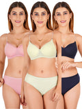 Padded Bra Panty Set With Transparent And Bra Color Strap (Pack Of 3)