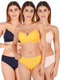 Padded Bra Panty Set With Transparent And Bra Color Strap (Pack Of 3)