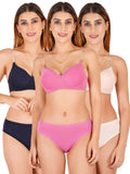 Padded Bra Panty Set With Transparent And Bra Color Strap (Pack Of 3)