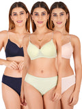 Padded Bra Panty Set With Transparent And Bra Color Strap (Pack Of 3)