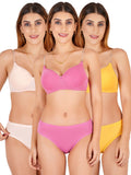 Padded Bra Panty Set With Transparent And Bra Color Strap (Pack Of 3)