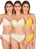 Padded Bra Panty Set With Transparent And Bra Color Strap (Pack Of 3)