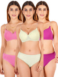 Padded Bra Panty Set With Transparent And Bra Color Strap (Pack Of 3)