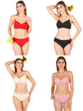 Padded Bra Panty Set With Transparent And Bra Color Strap (Pack Of 4)