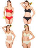Padded Bra Panty Set With Transparent And Bra Color Strap (Pack Of 4)
