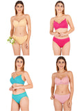 Padded Bra Panty Set With Transparent And Bra Color Strap (Pack Of 4)
