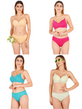 Padded Bra Panty Set With Transparent And Bra Color Strap (Pack Of 4)