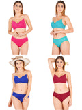 Padded Bra Panty Set With Transparent And Bra Color Strap (Pack Of 4)