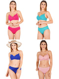 Padded Bra Panty Set With Transparent And Bra Color Strap (Pack Of 4)