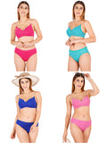 Padded Bra Panty Set With Transparent And Bra Color Strap (Pack Of 4)