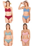 Padded Bra Panty Set With Transparent And Bra Color Strap (Pack Of 4)
