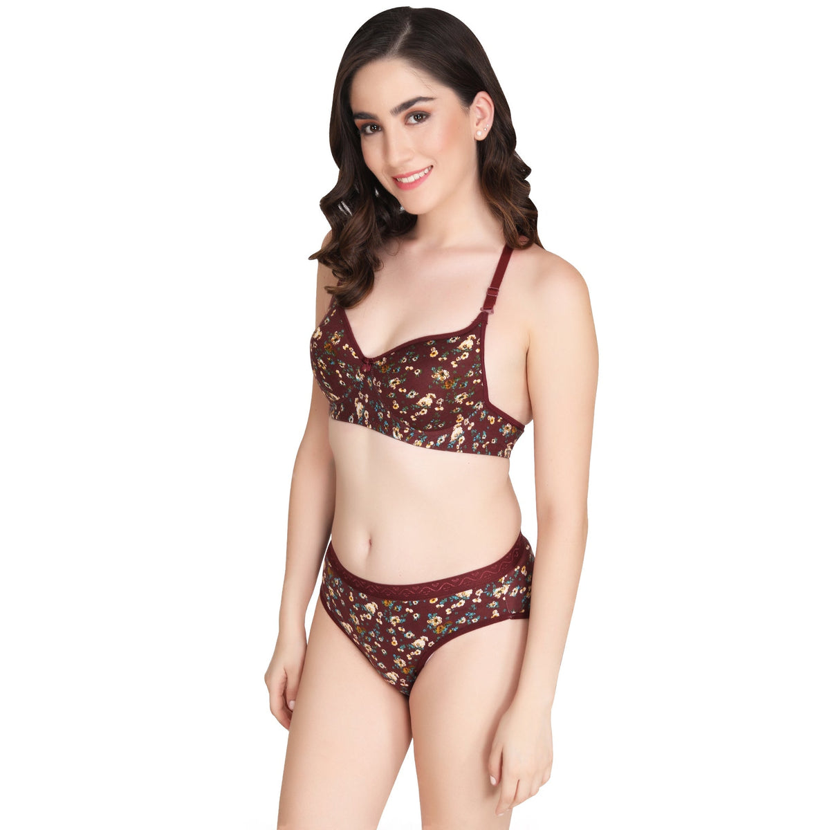 Liigne Dark Base Flower Printed Everyday Padded Bra Panty Set - Liigne