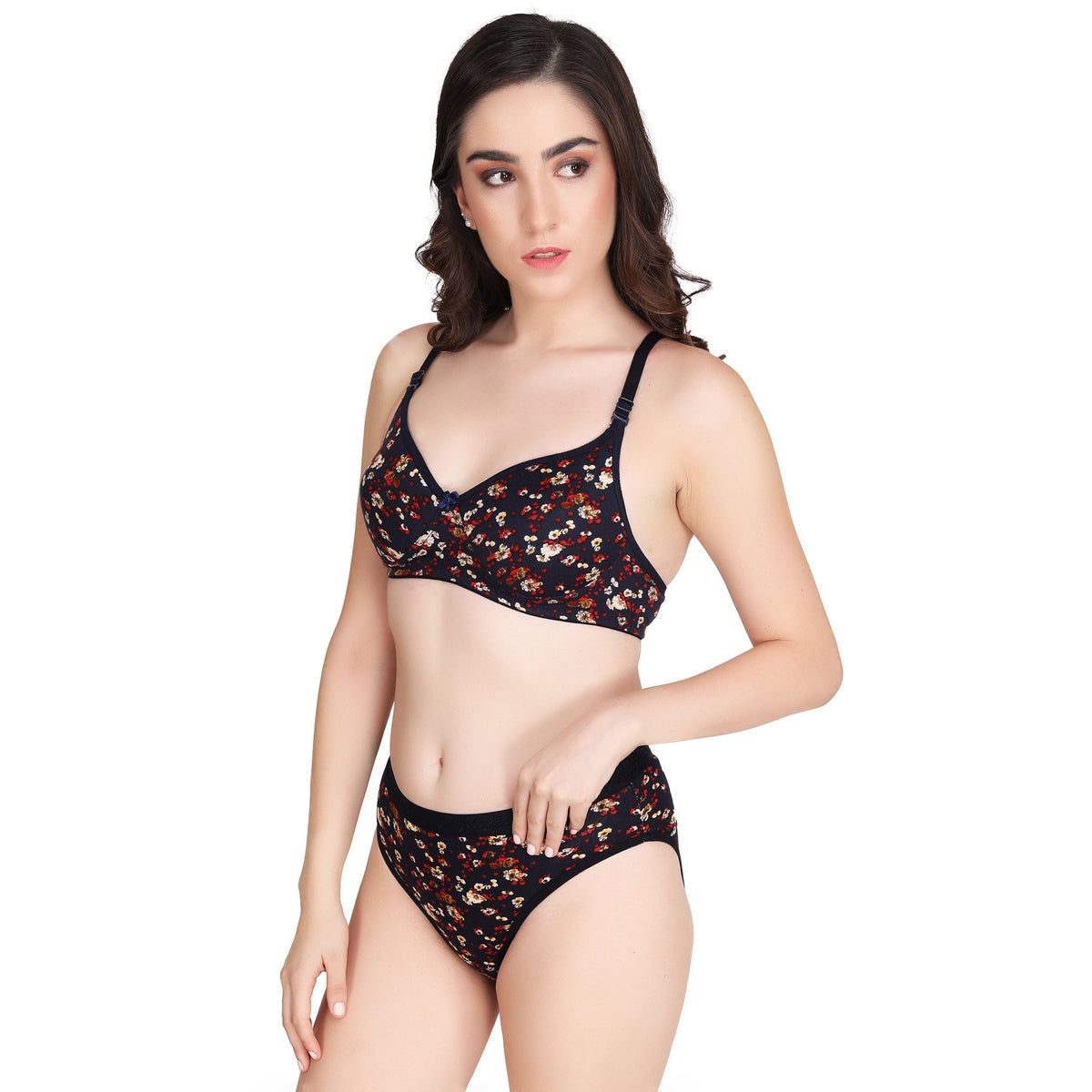 Liigne Dark Base Flower Printed Everyday Padded Bra Panty Set - Liigne