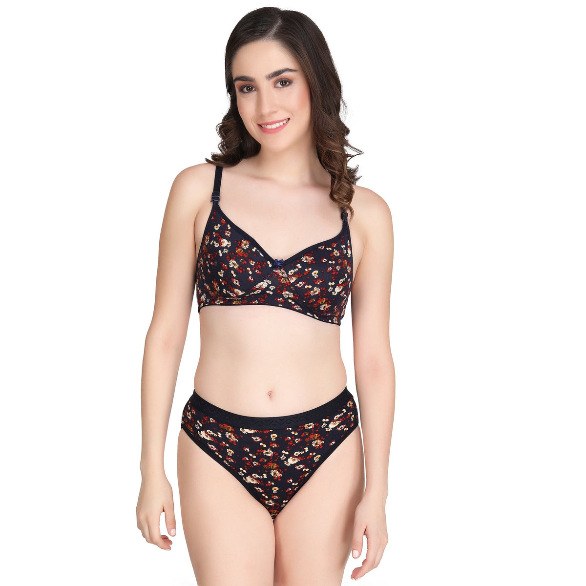 Liigne Dark Base Flower Printed Everyday Padded Bra Panty Set - Liigne